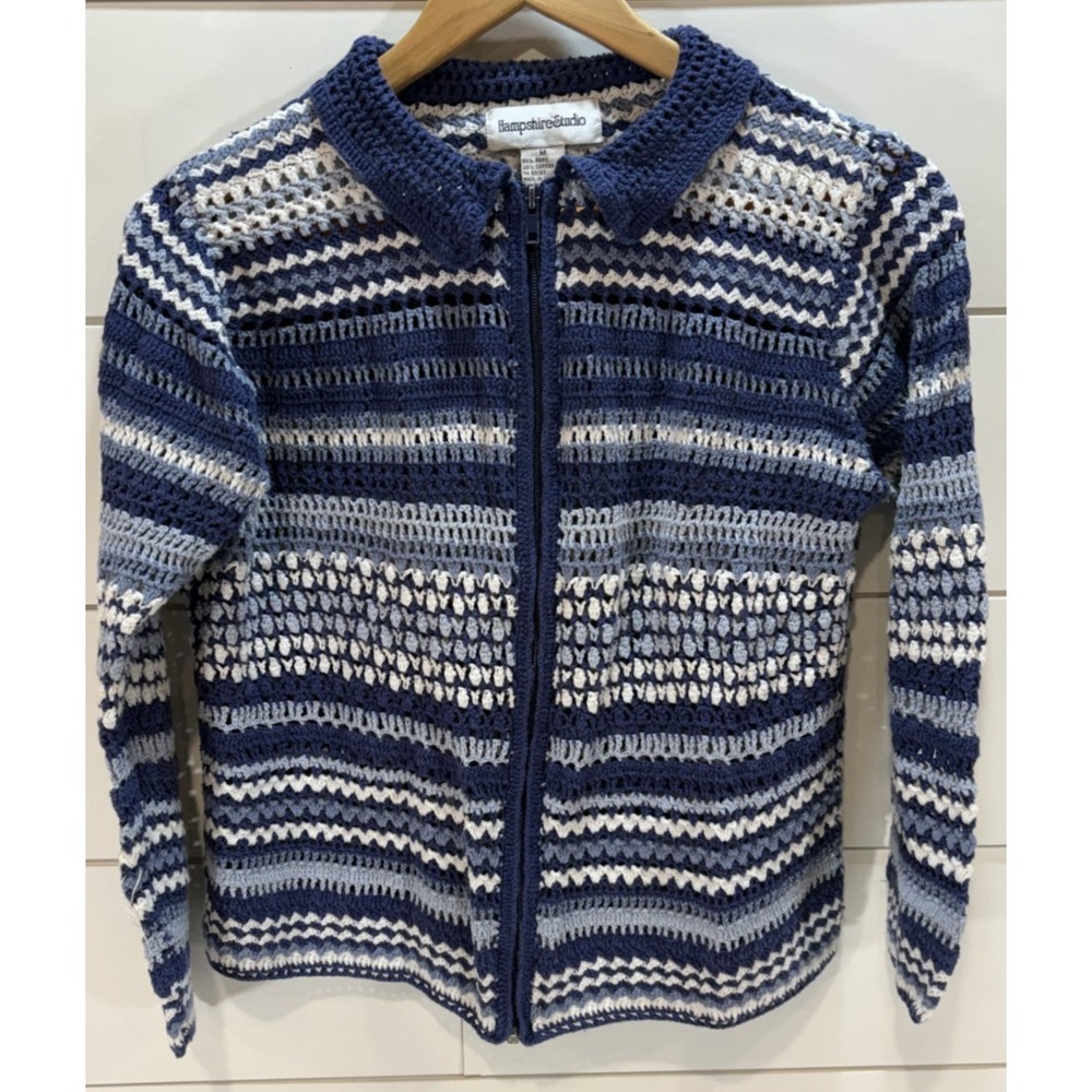 Vintage Hampshire Studio Blue Zip Up Crocheted Knitted Long Sleeve Top Women's M